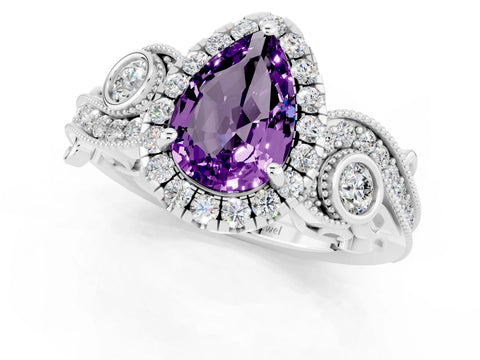 White gold Pear Cut Amethyst Halo Ring with Milgrain Pavé Band and Four-Prong Setting_13