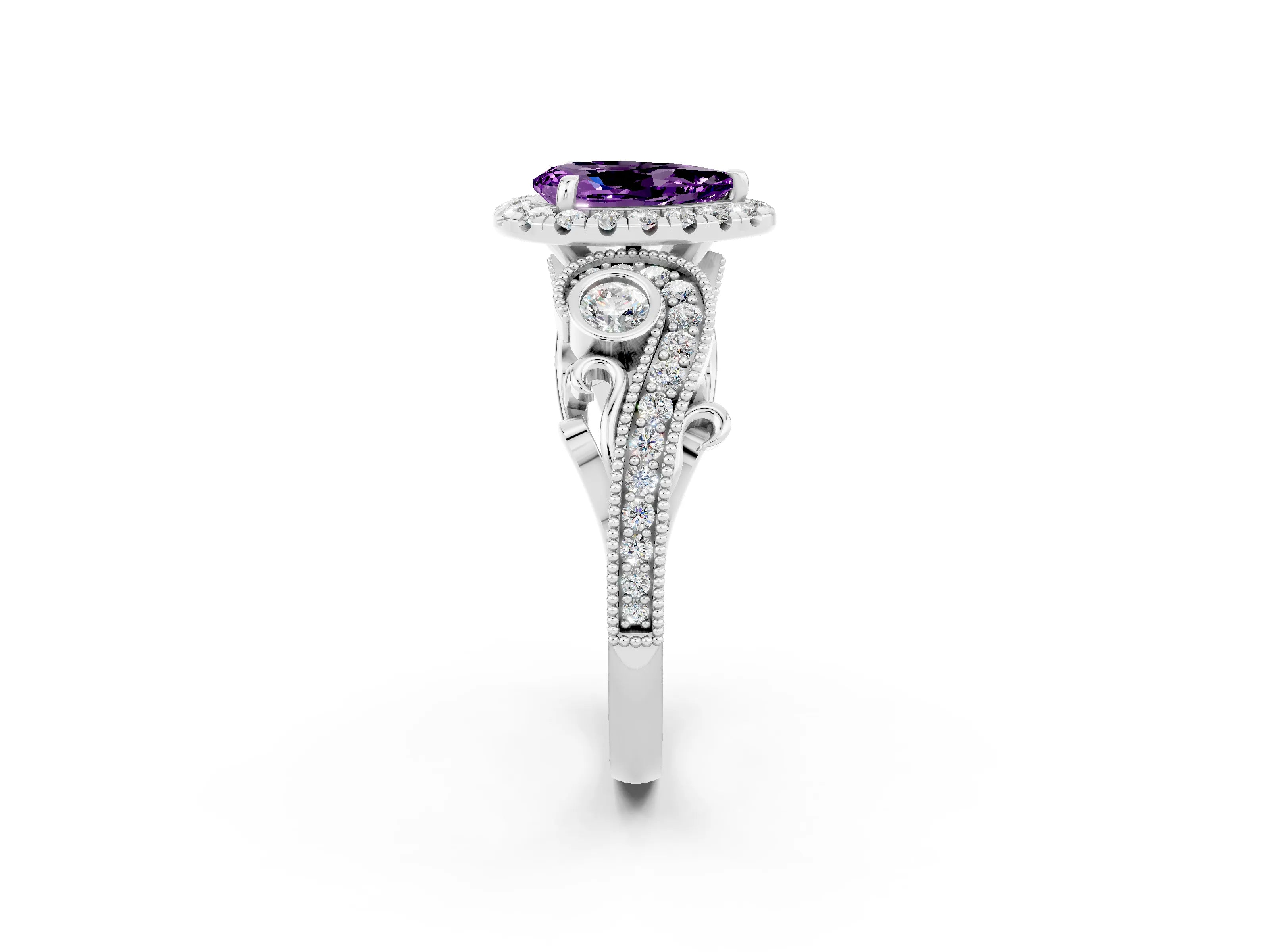 White gold Pear Cut Amethyst Halo Ring with Milgrain Pavé Band and Four-Prong Setting_14