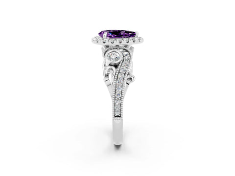 White gold Pear Cut Amethyst Halo Ring with Milgrain Pavé Band and Four-Prong Setting_14