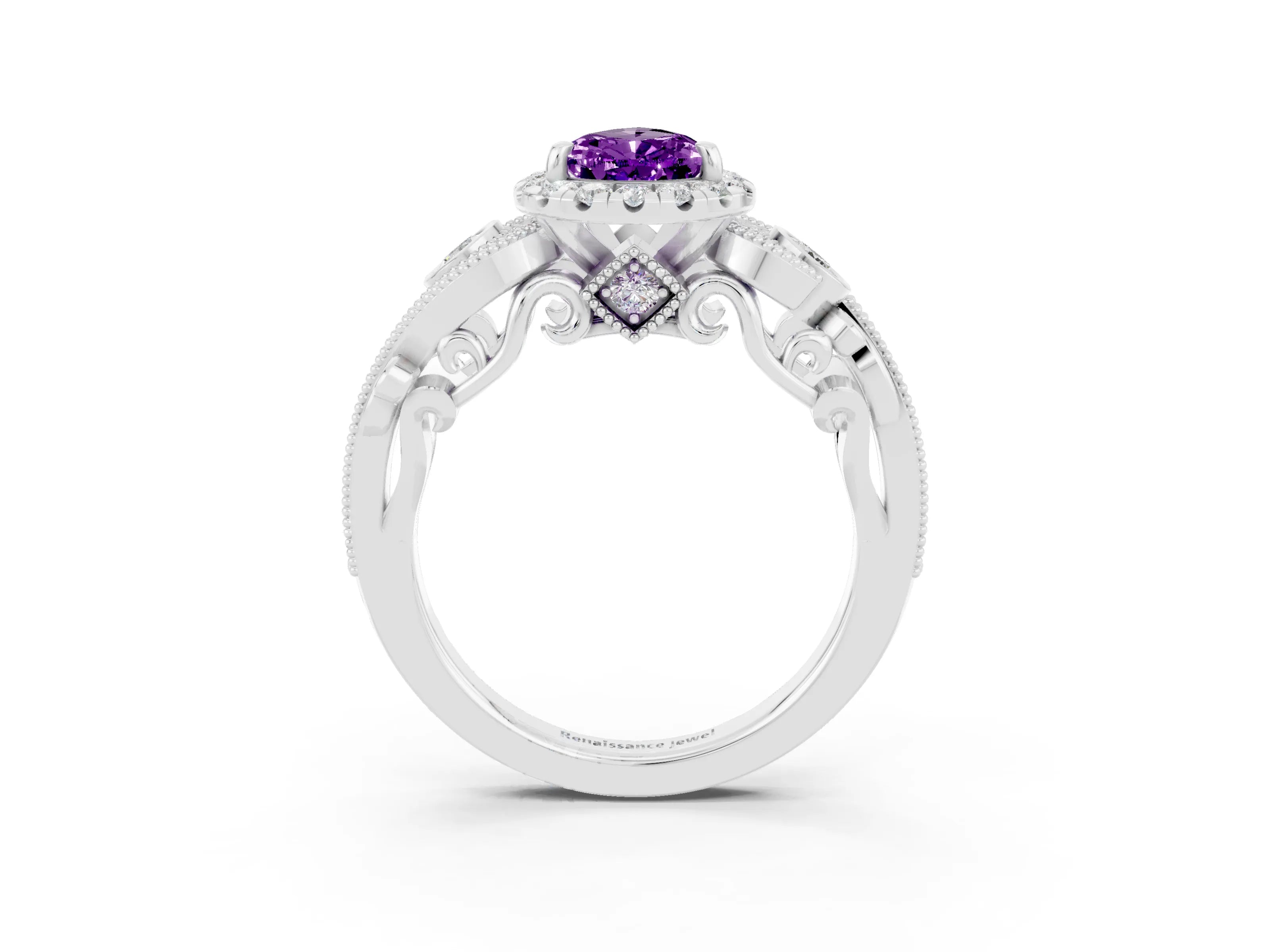 White gold Pear Cut Amethyst Halo Ring with Milgrain Pavé Band and Four-Prong Setting_15