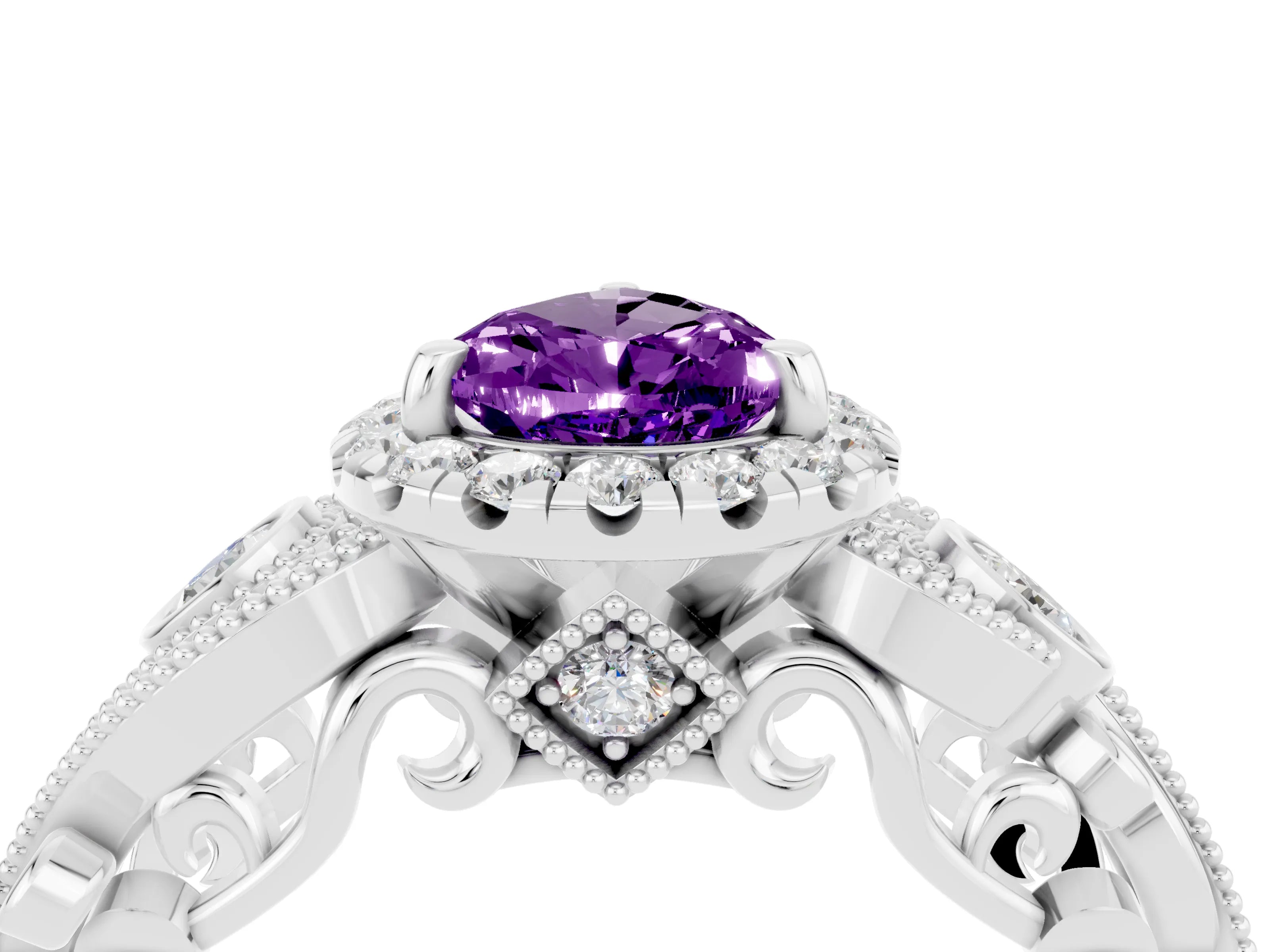 White gold Pear Cut Amethyst Halo Ring with Milgrain Pavé Band and Four-Prong Setting_16