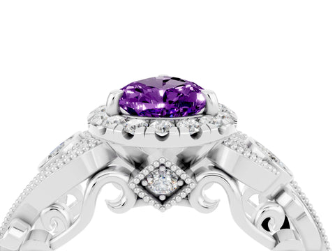 White gold Pear Cut Amethyst Halo Ring with Milgrain Pavé Band and Four-Prong Setting_16