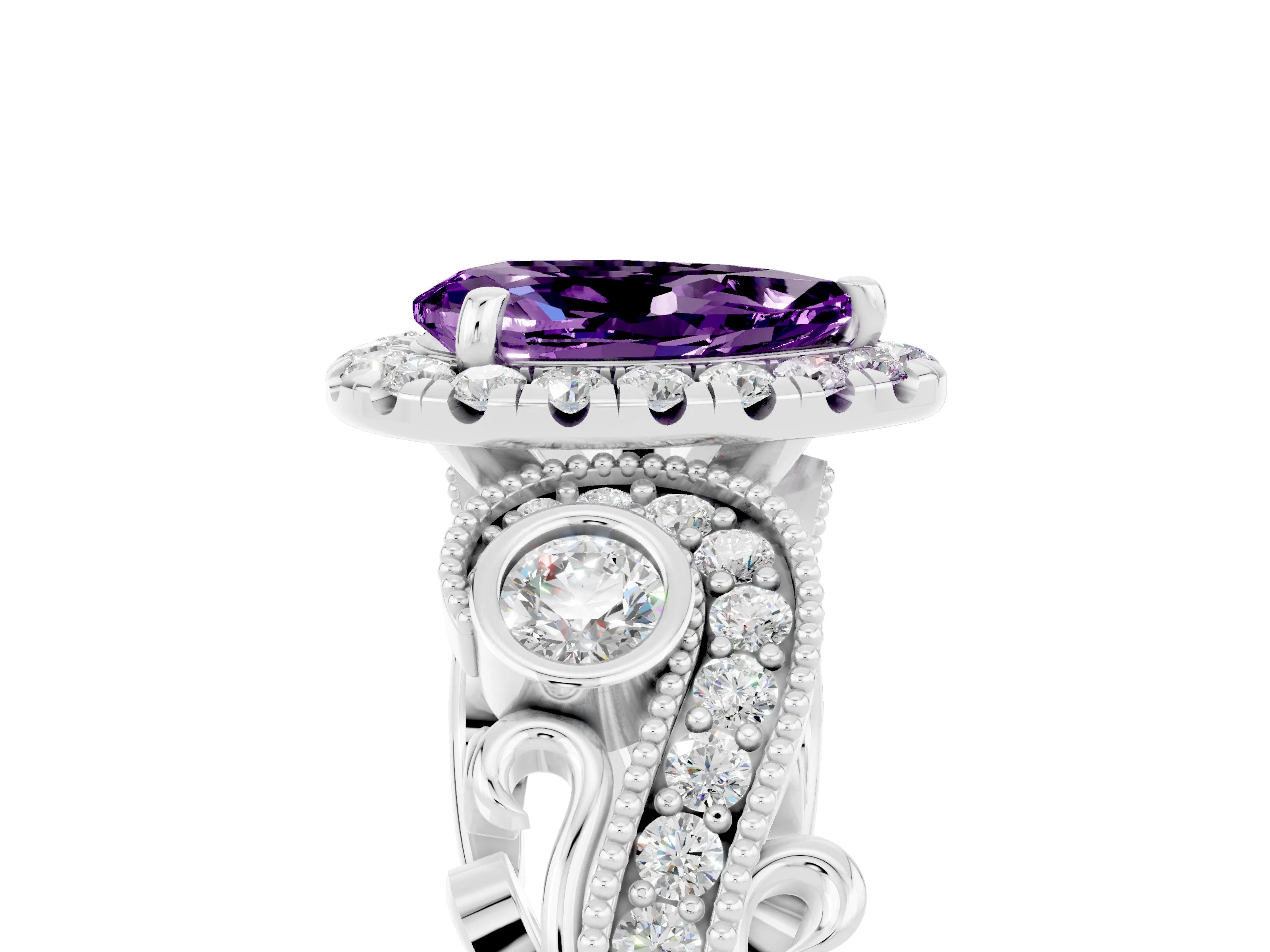 White gold Pear Cut Amethyst Halo Ring with Milgrain Pavé Band and Four-Prong Setting_17