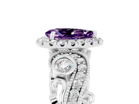 White gold Pear Cut Amethyst Halo Ring with Milgrain Pavé Band and Four-Prong Setting_17
