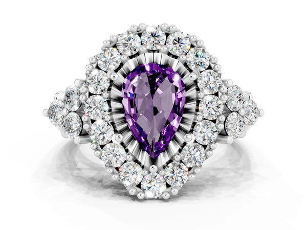 White gold Pear Cut Amethyst Halo Ring with Pavé Band and Four-Prong Setting
