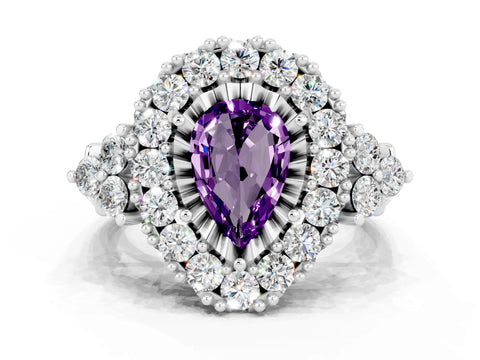 White gold Pear Cut Amethyst Halo Ring with Pavé Band and Four-Prong Setting_12