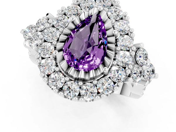 White gold Pear Cut Amethyst Halo Ring with Pavé Band and Four-Prong Setting