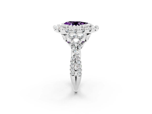 White gold Pear Cut Amethyst Halo Ring with Pavé Band and Four-Prong Setting