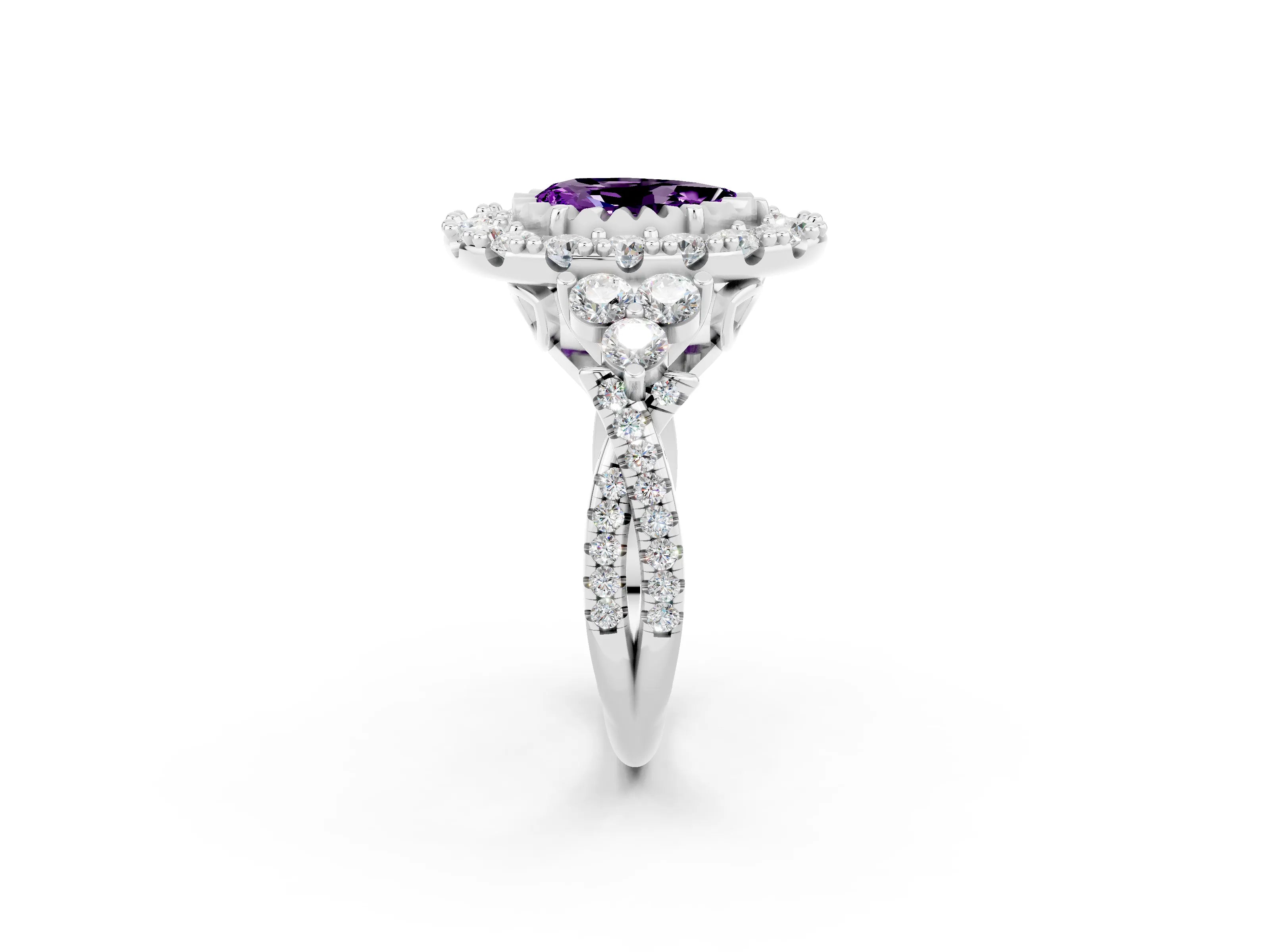 White gold Pear Cut Amethyst Halo Ring with Pavé Band and Four-Prong Setting_14