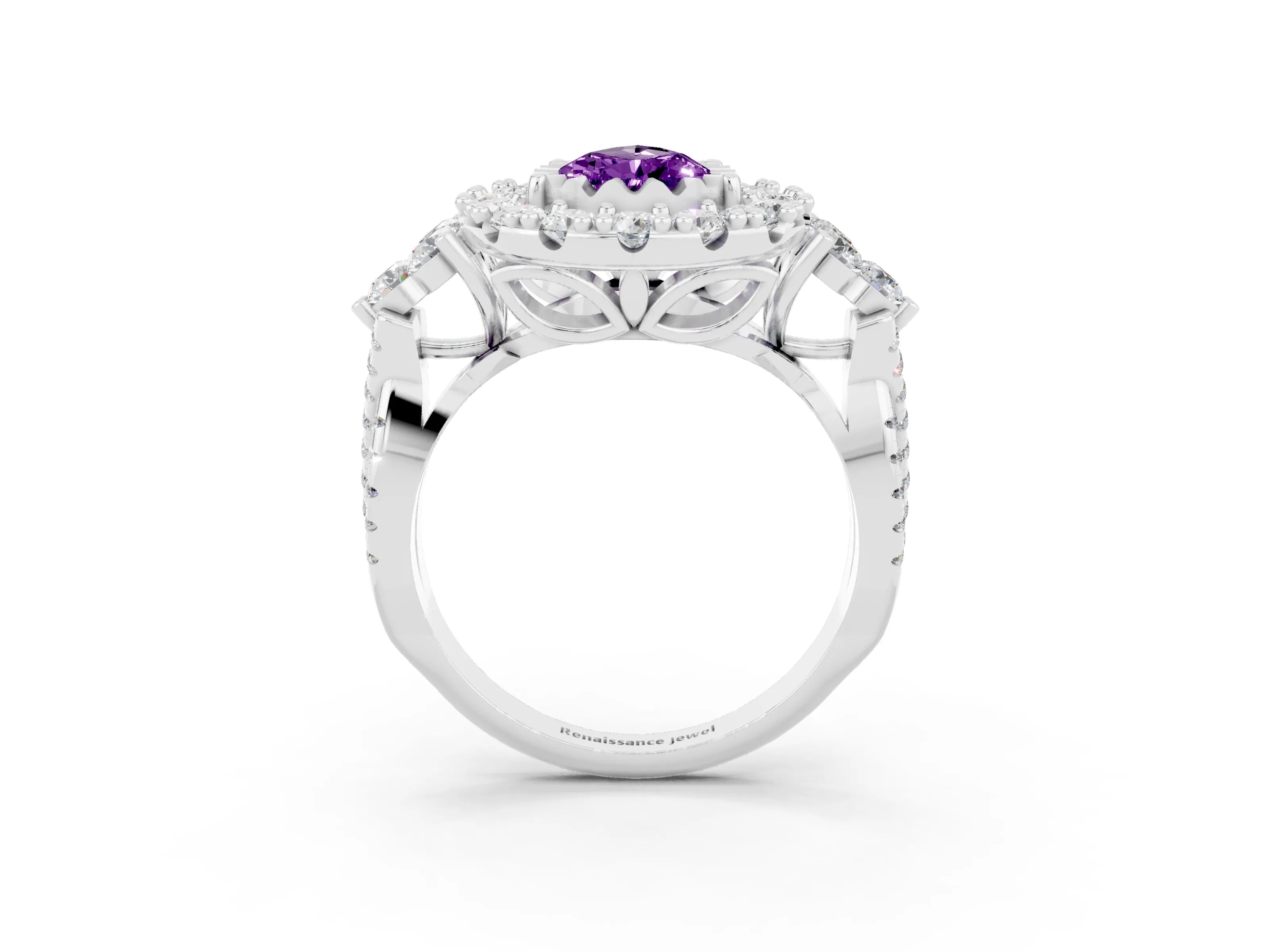 White gold Pear Cut Amethyst Halo Ring with Pavé Band and Four-Prong Setting_15