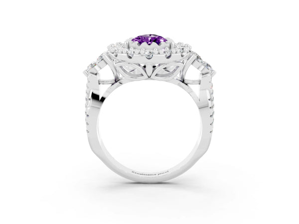 White gold Pear Cut Amethyst Halo Ring with Pavé Band and Four-Prong Setting