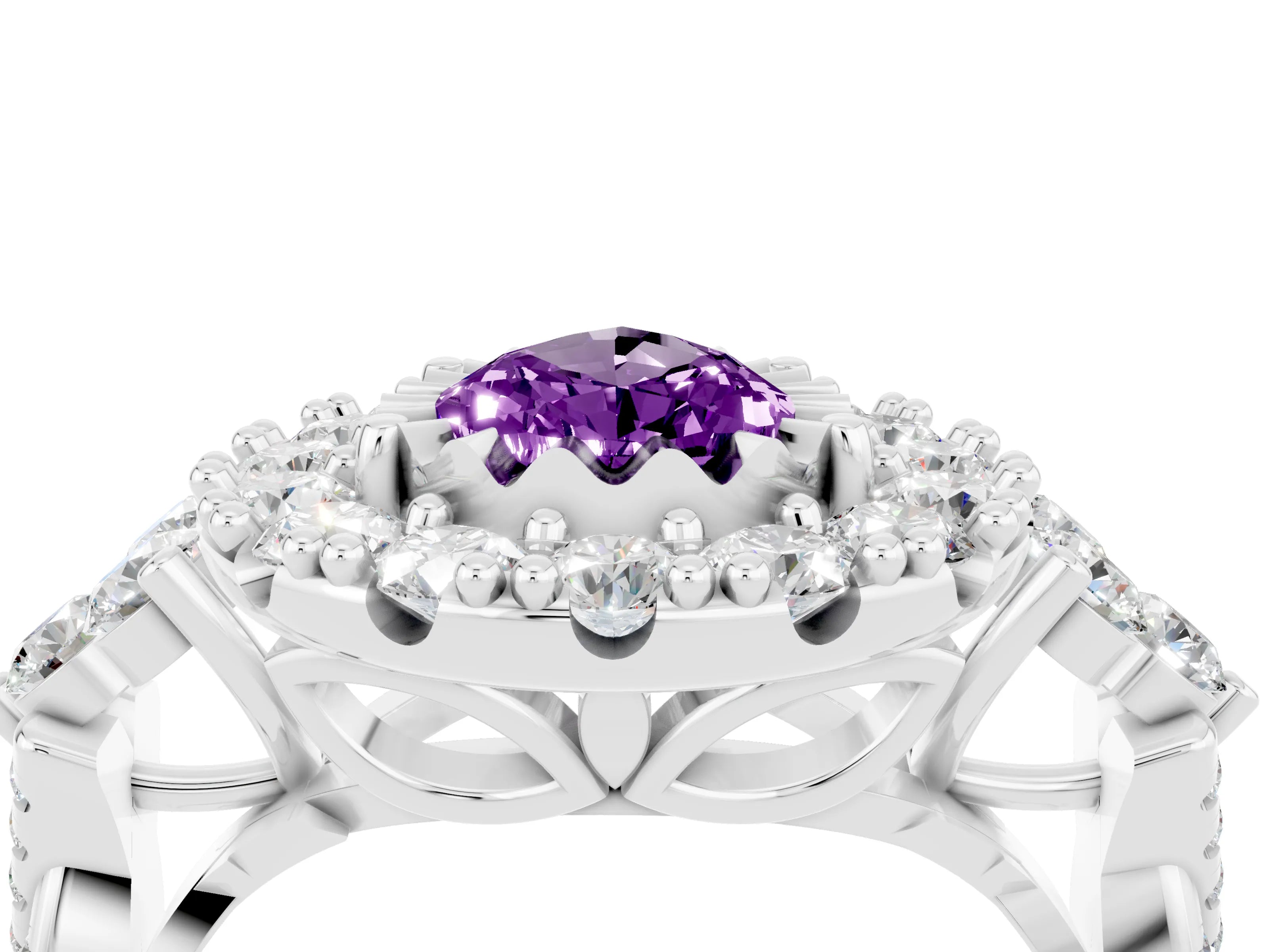 White gold Pear Cut Amethyst Halo Ring with Pavé Band and Four-Prong Setting_16