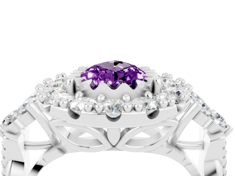 White gold Pear Cut Amethyst Halo Ring with Pavé Band and Four-Prong Setting_16