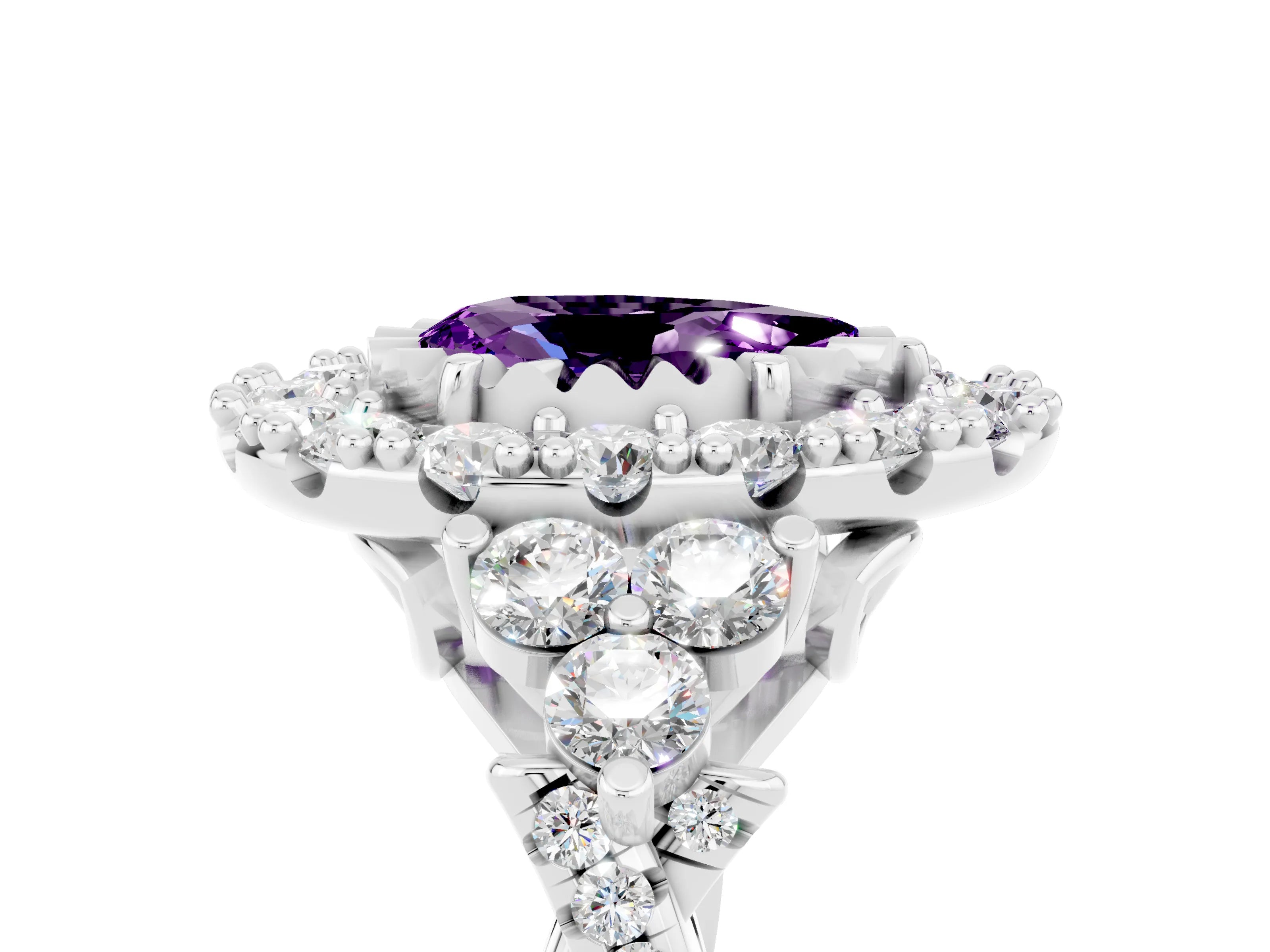 White gold Pear Cut Amethyst Halo Ring with Pavé Band and Four-Prong Setting_17