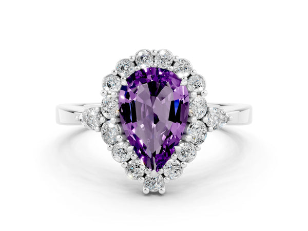White gold Pear Cut Amethyst Halo Ring with Pear Side Stones and Prong Setting