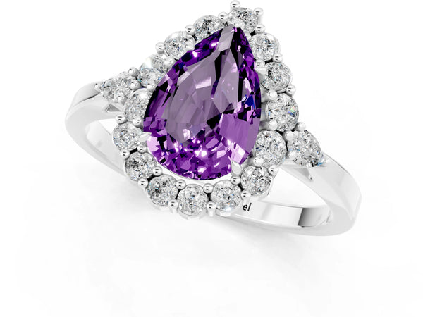 Platinum Pear Cut Amethyst Halo Ring with Pear Side Stones and Prong Setting