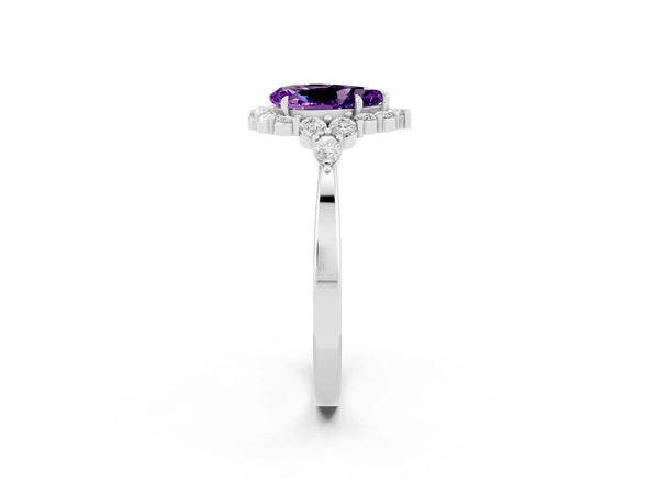 Platinum Pear Cut Amethyst Halo Ring with Pear Side Stones and Prong Setting