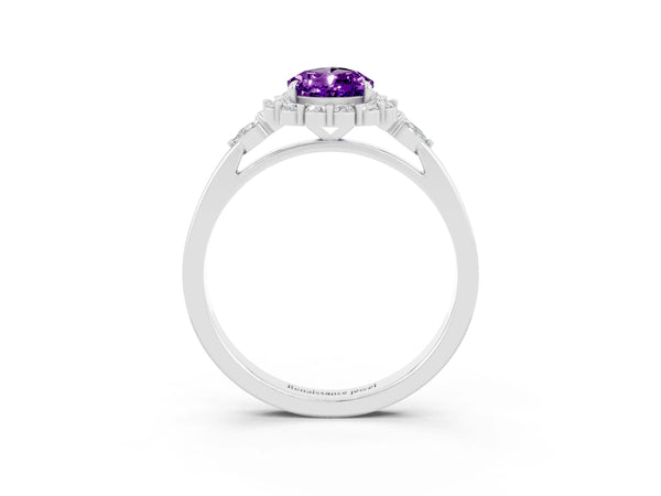 White gold Pear Cut Amethyst Halo Ring with Pear Side Stones and Prong Setting