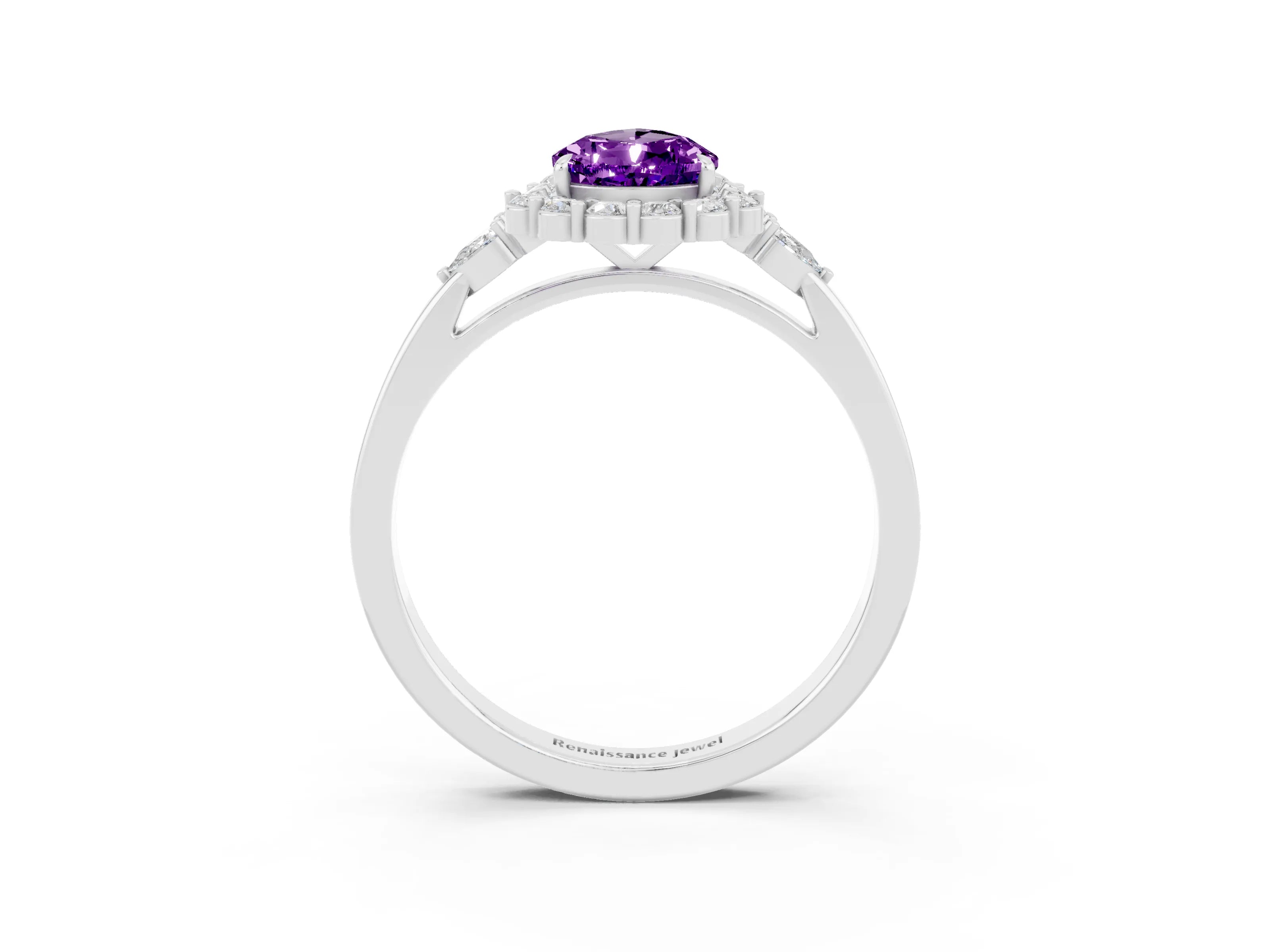White gold Pear Cut Amethyst Halo Ring with Pear Side Stones and Prong Setting_39