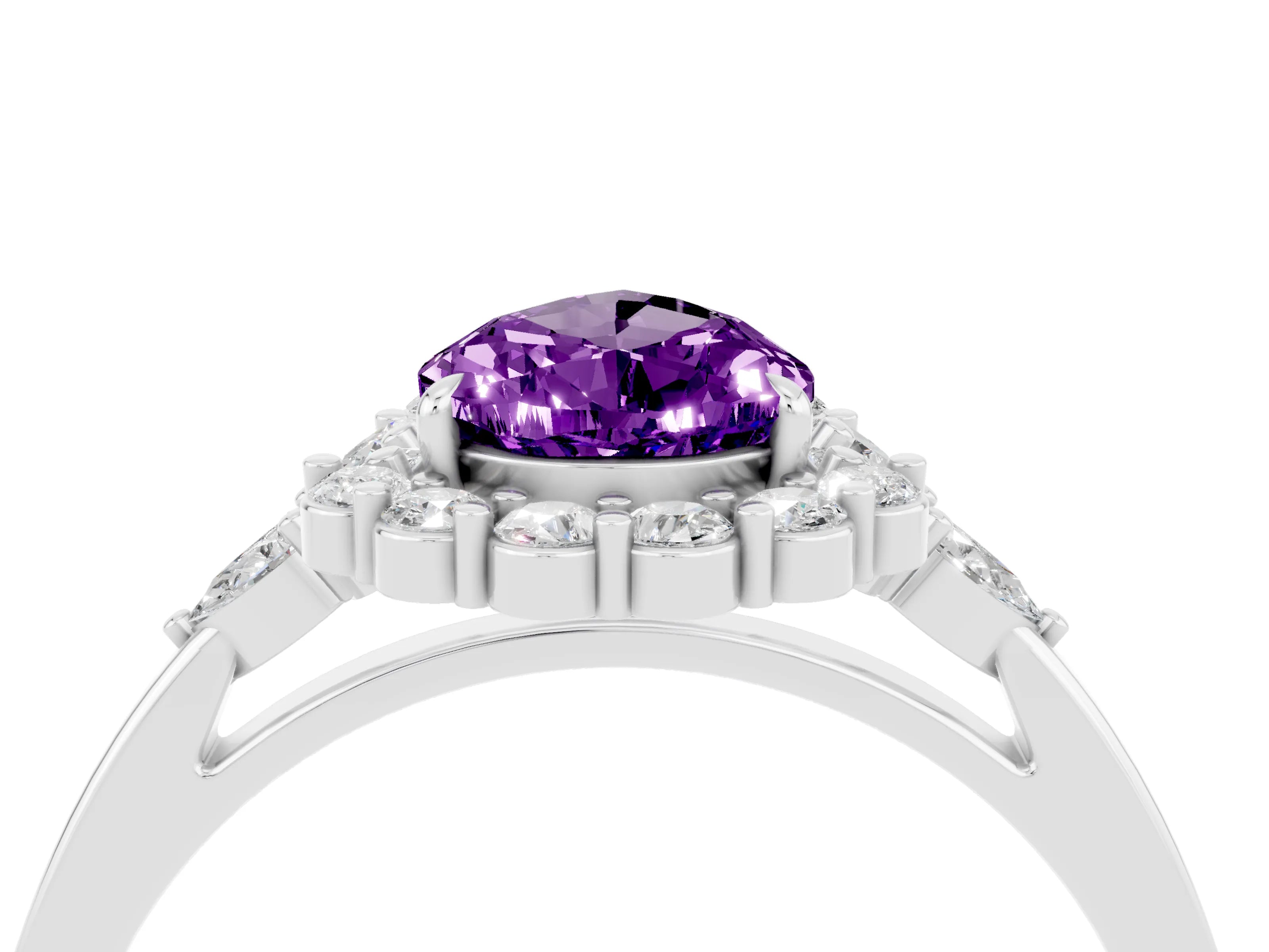 White gold Pear Cut Amethyst Halo Ring with Pear Side Stones and Prong Setting_40