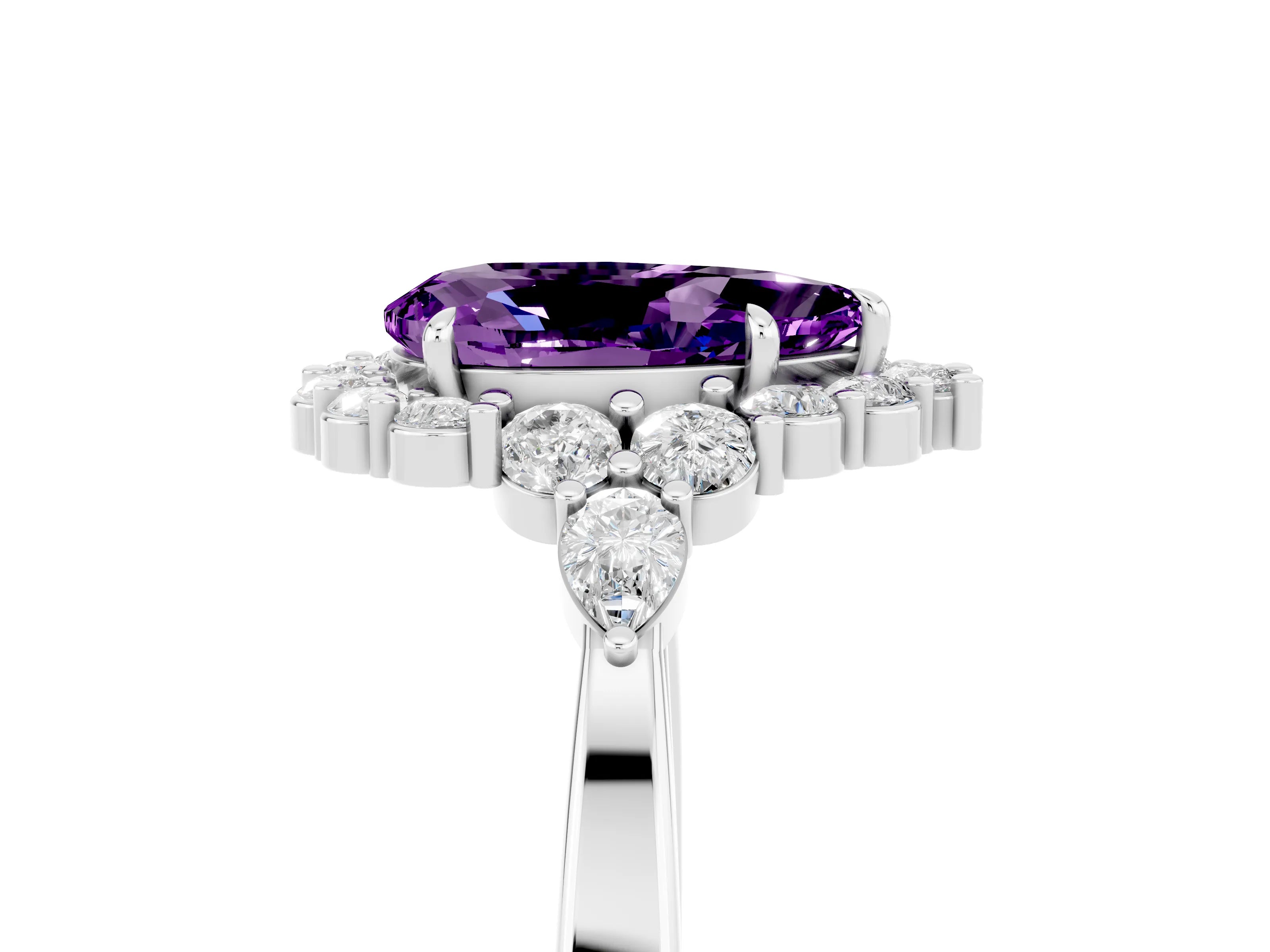 White gold Pear Cut Amethyst Halo Ring with Pear Side Stones and Prong Setting_41