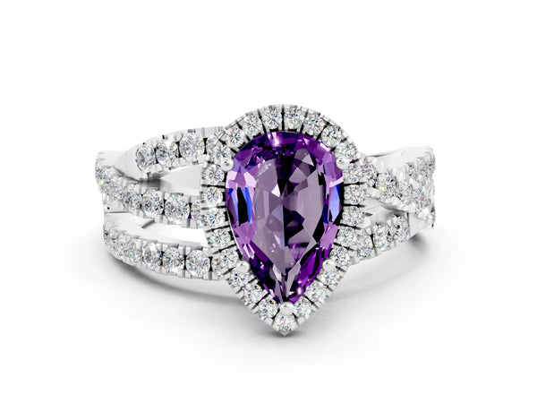 Platinum Pear Cut Amethyst Halo Ring with Round Split Shank and Prong Setting