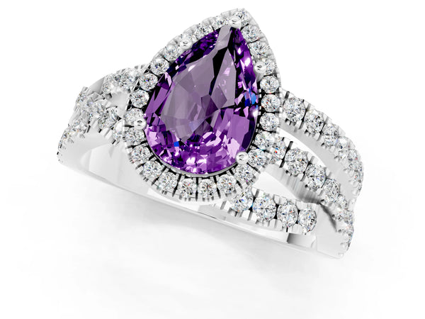Platinum Pear Cut Amethyst Halo Ring with Round Split Shank and Prong Setting