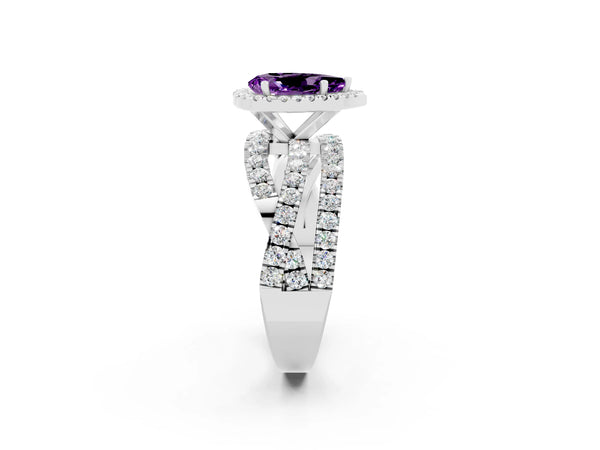 Platinum Pear Cut Amethyst Halo Ring with Round Split Shank and Prong Setting
