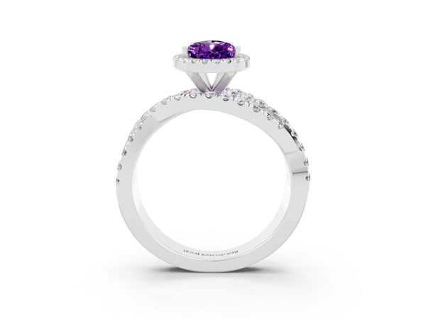 Platinum Pear Cut Amethyst Halo Ring with Round Split Shank and Prong Setting