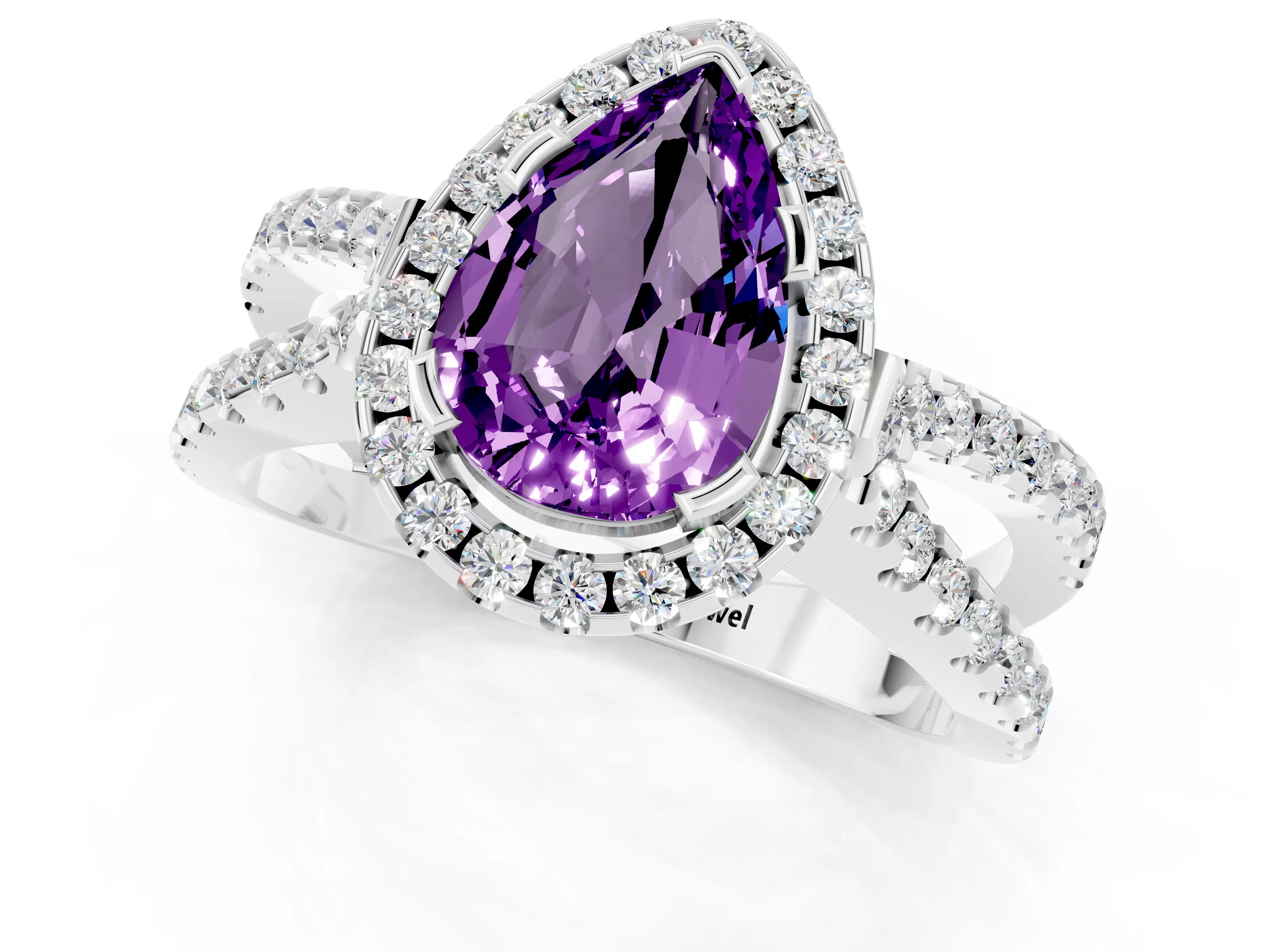 White gold Pear Cut Amethyst Halo Ring with Split Shank Pavé Band and Prong Setting_1