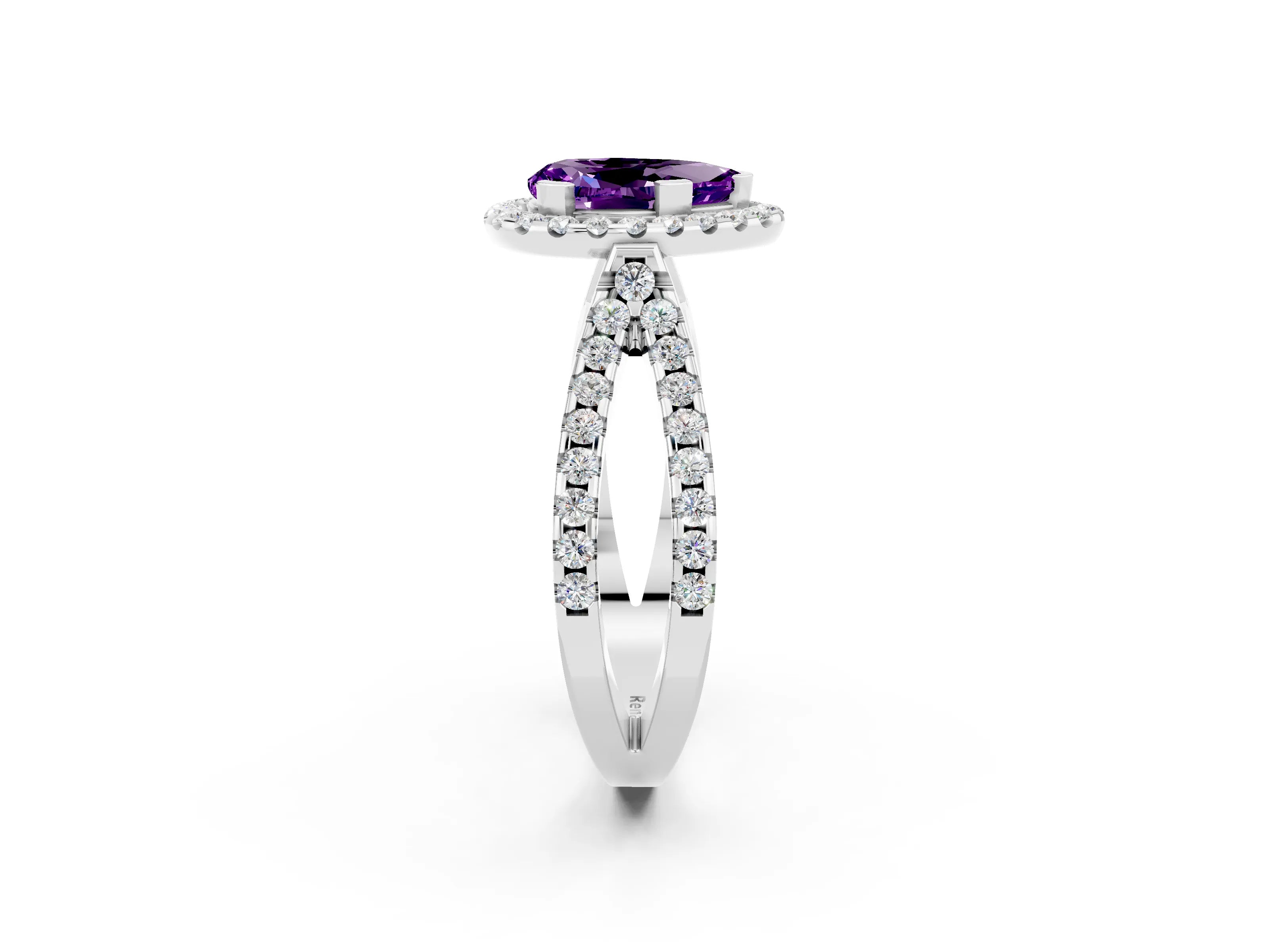 White gold Pear Cut Amethyst Halo Ring with Split Shank Pavé Band and Prong Setting_2