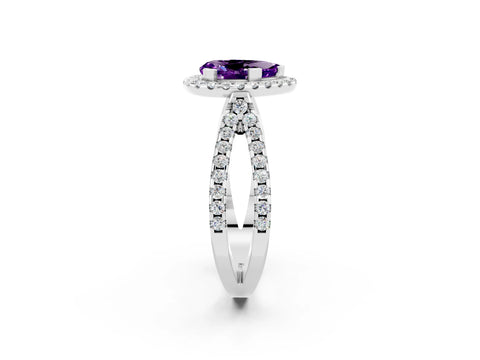 White gold Pear Cut Amethyst Halo Ring with Split Shank Pavé Band and Prong Setting_2