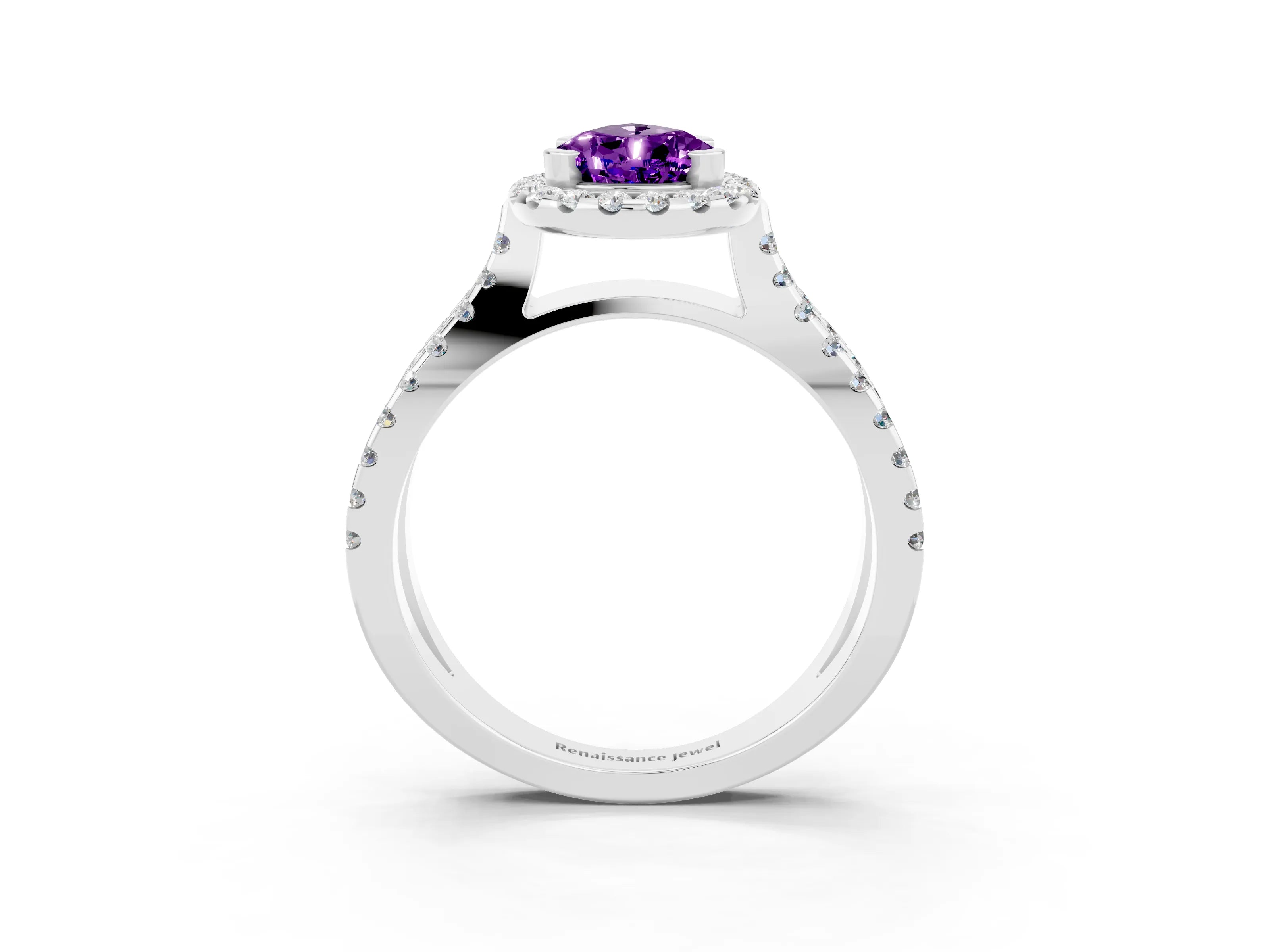 White gold Pear Cut Amethyst Halo Ring with Split Shank Pavé Band and Prong Setting_3