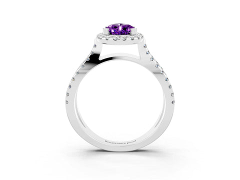 White gold Pear Cut Amethyst Halo Ring with Split Shank Pavé Band and Prong Setting_3