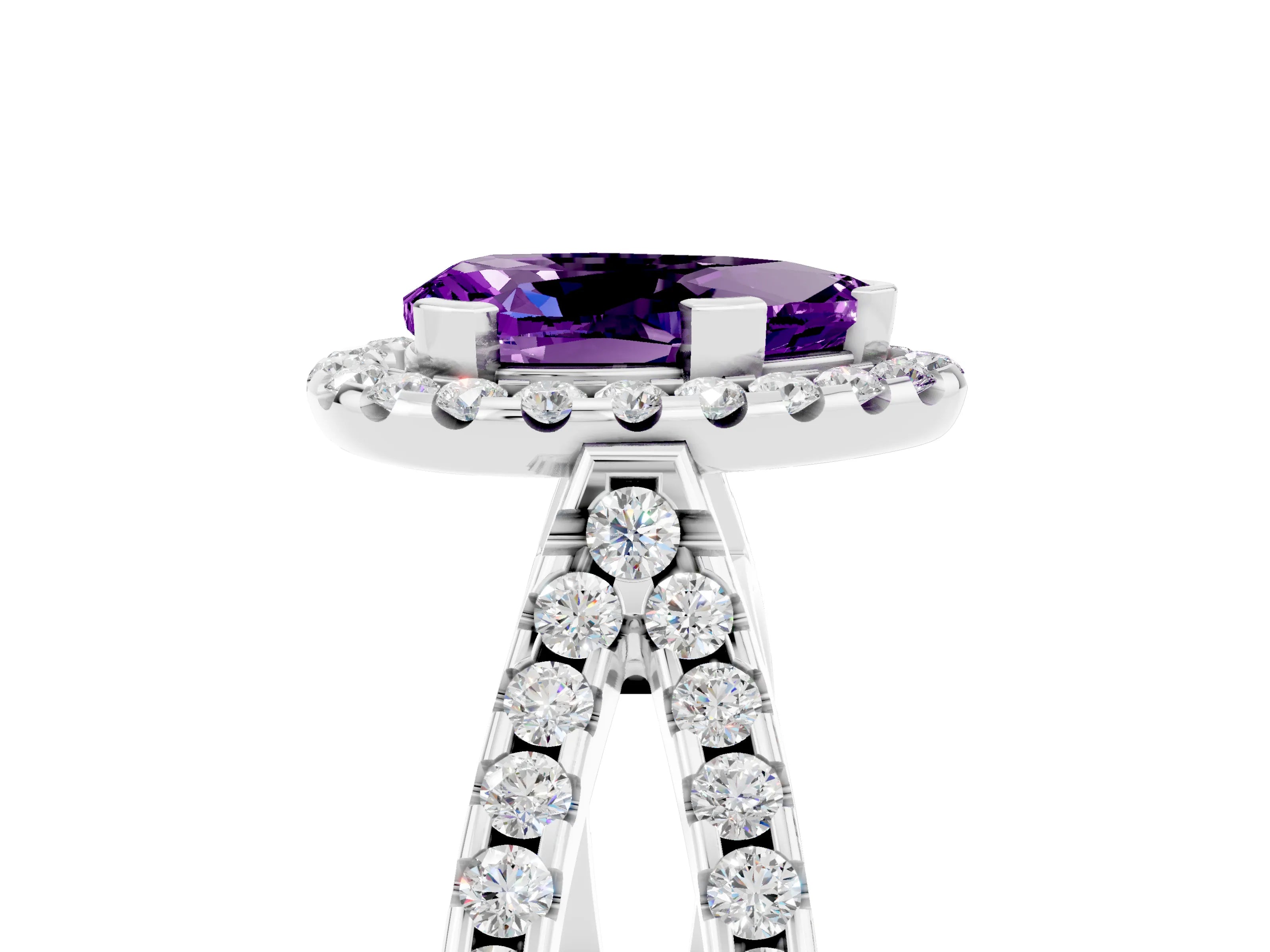 White gold Pear Cut Amethyst Halo Ring with Split Shank Pavé Band and Prong Setting_5