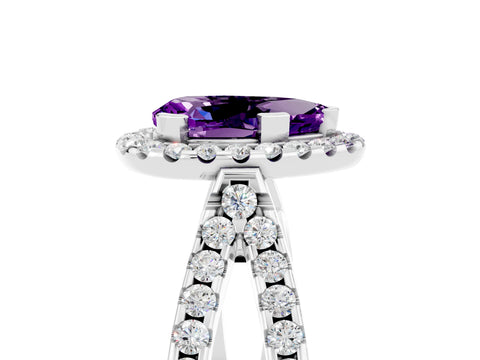 White gold Pear Cut Amethyst Halo Ring with Split Shank Pavé Band and Prong Setting_5