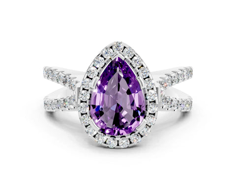 White gold Pear Cut Amethyst Halo Ring with Split Shank Pavé Band and Prong Setting