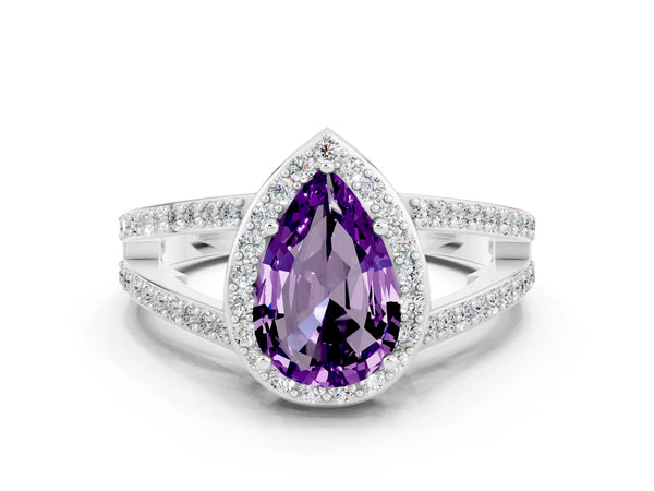 Platinum Pear Cut Amethyst Halo Ring with Split Shank U-Prong Band and Four-Prong Setting