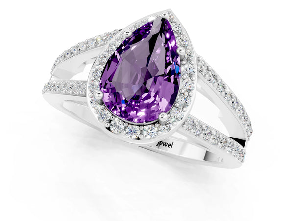 White gold Pear Cut Amethyst Halo Ring with Split Shank U-Prong Band and Four-Prong Setting