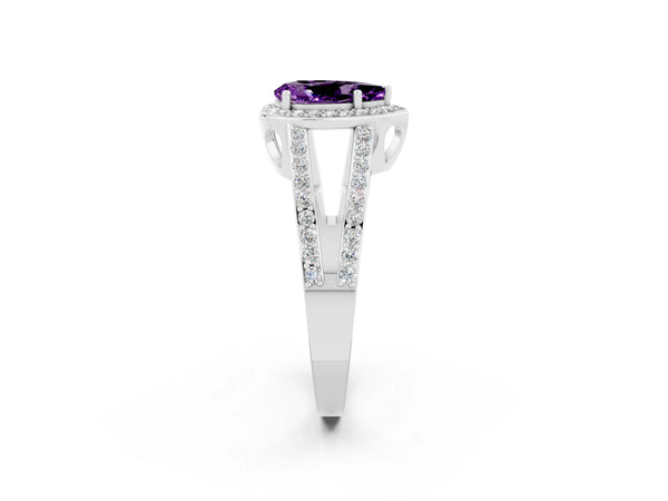 White gold Pear Cut Amethyst Halo Ring with Split Shank U-Prong Band and Four-Prong Setting