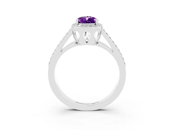 White gold Pear Cut Amethyst Halo Ring with Split Shank U-Prong Band and Four-Prong Setting