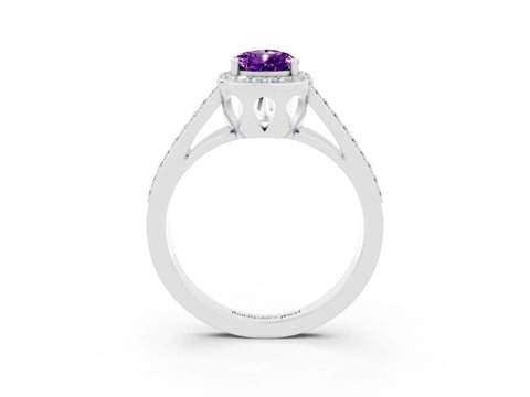 White gold Pear Cut Amethyst Halo Ring with Split Shank U-Prong Band and Four-Prong Setting_3