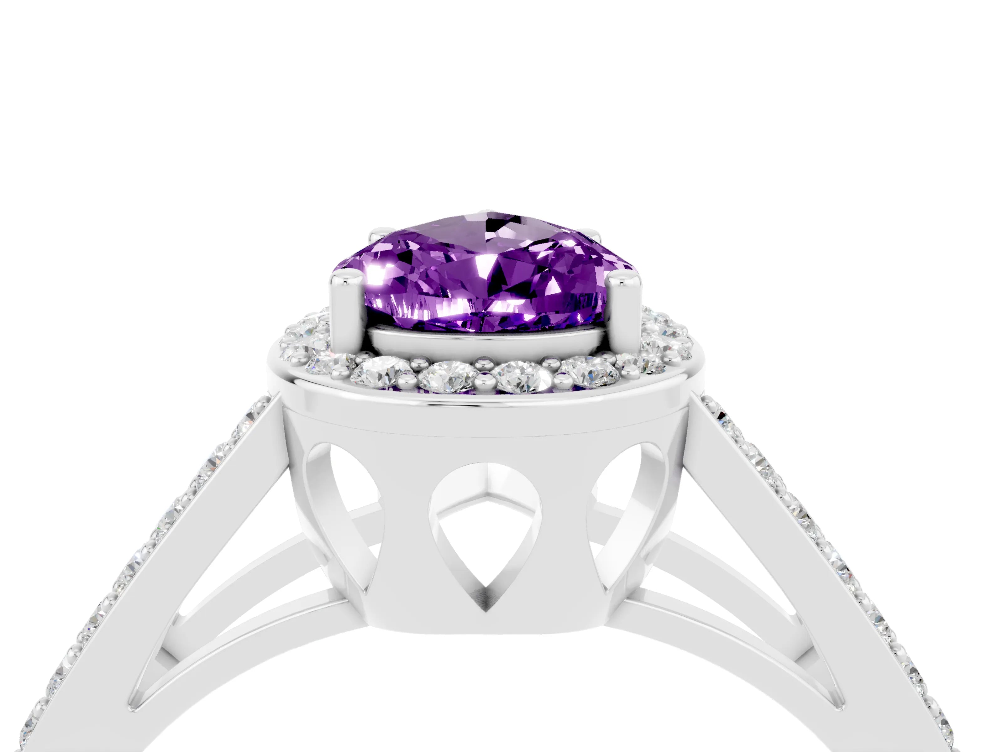 White gold Pear Cut Amethyst Halo Ring with Split Shank U-Prong Band and Four-Prong Setting_4