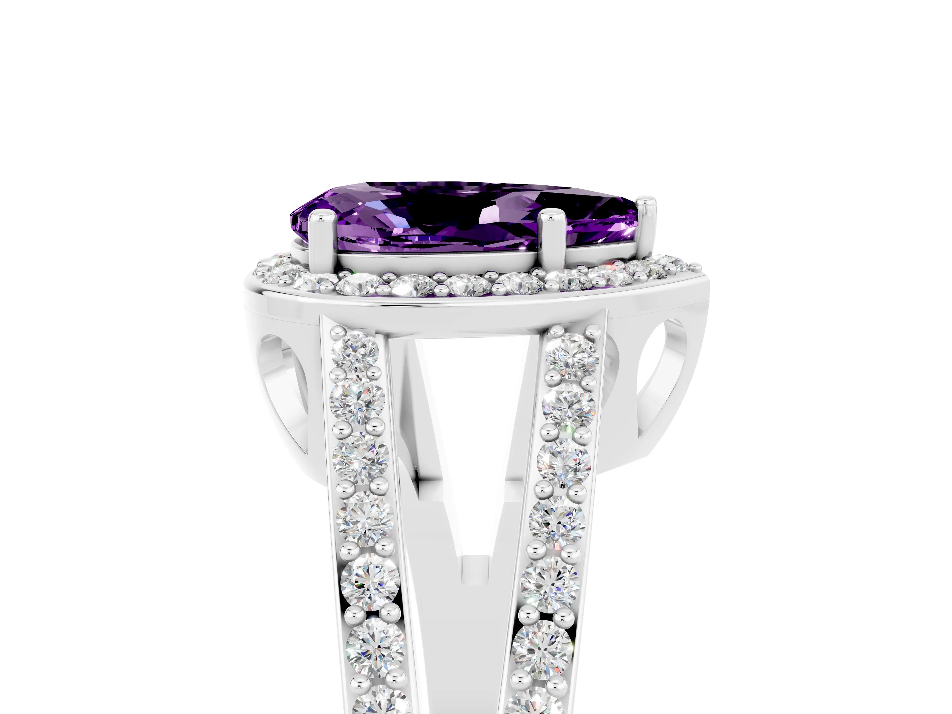 White gold Pear Cut Amethyst Halo Ring with Split Shank U-Prong Band and Four-Prong Setting_5