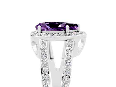 White gold Pear Cut Amethyst Halo Ring with Split Shank U-Prong Band and Four-Prong Setting_5