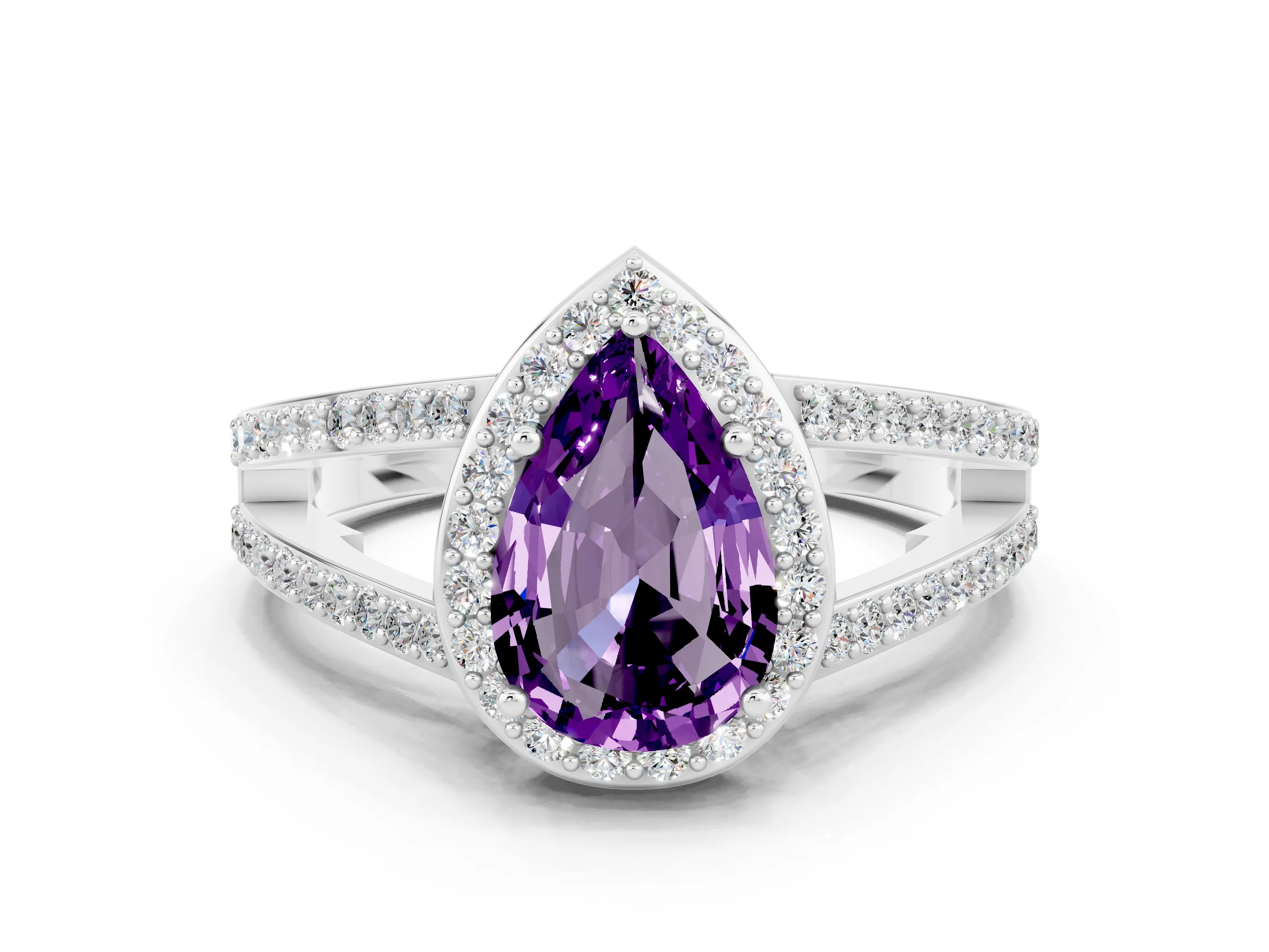 White gold Pear Cut Amethyst Halo Ring with Split Shank U-Prong Band and Four-Prong Setting