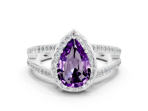White gold Pear Cut Amethyst Halo Ring with Split Shank U-Prong Band and Four-Prong Setting
