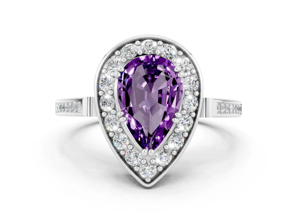 Platinum Pear Cut Amethyst Halo Ring with Split Shank and Four-Prong Setting