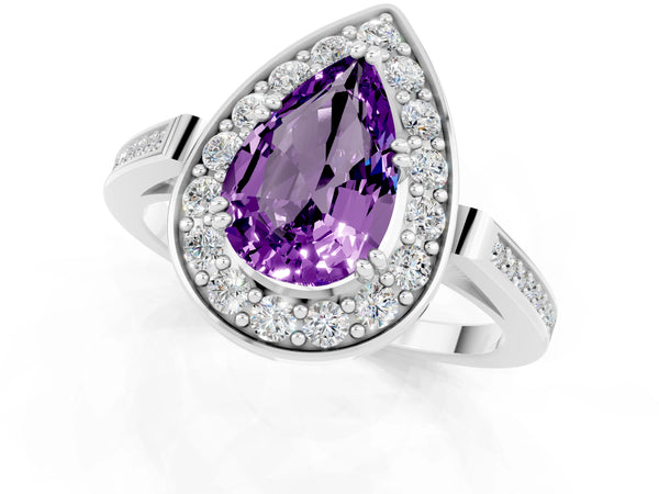 Platinum Pear Cut Amethyst Halo Ring with Split Shank and Four-Prong Setting