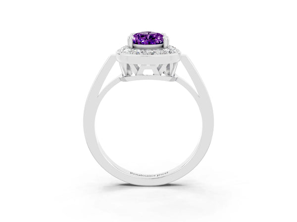 White gold Pear Cut Amethyst Halo Ring with Split Shank and Four-Prong Setting